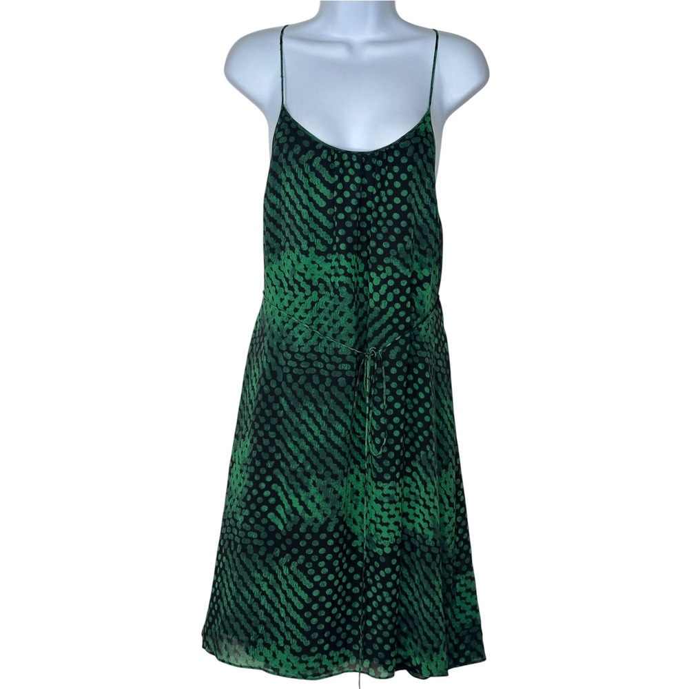 Theory Silk Slip Dress Large Green Black Polka Dot Spaghetti Strap Midi Lined